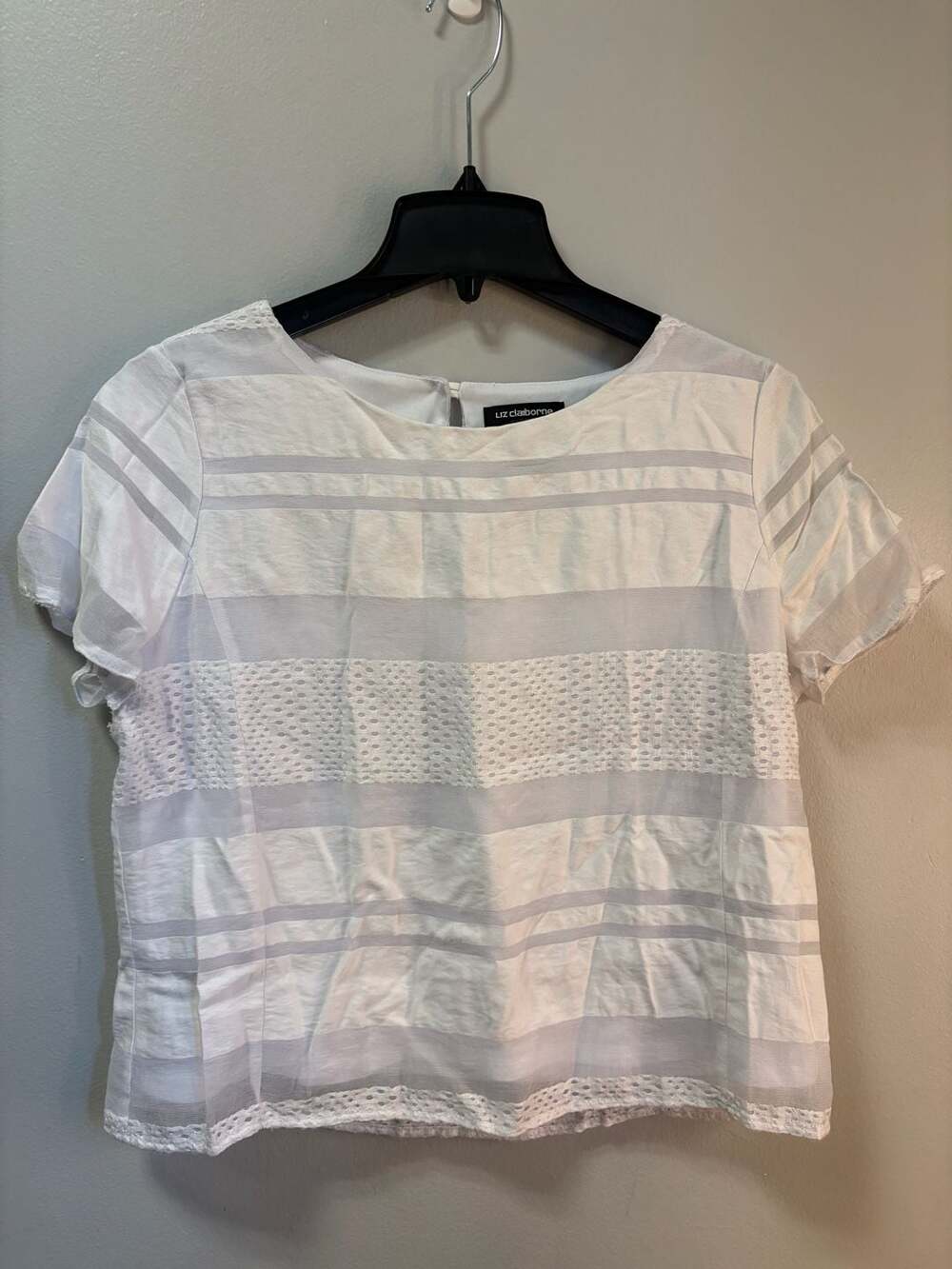Liz Claiborne Career Petite White Striped Mesh Top with Lace Trim, Size PM